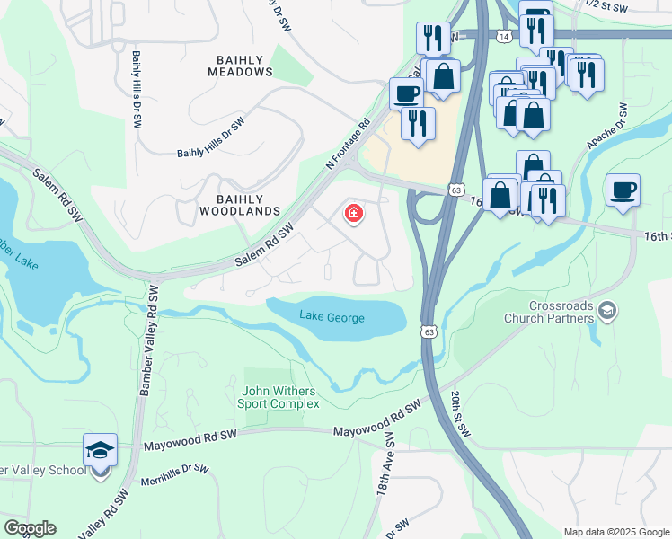 map of restaurants, bars, coffee shops, grocery stores, and more near 1780 Greenfield Lane Southwest in Rochester