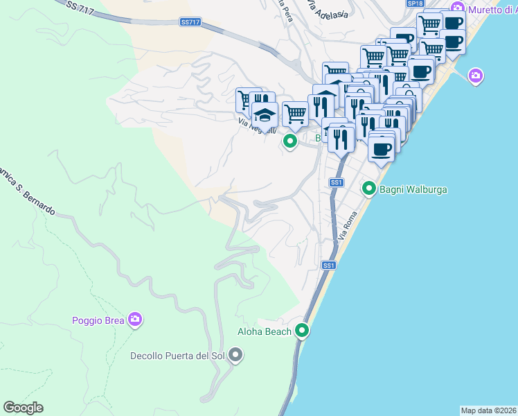 map of restaurants, bars, coffee shops, grocery stores, and more near 40 Via Luigi Borri in Alassio