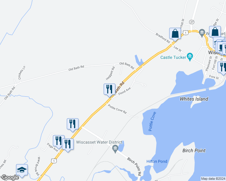 map of restaurants, bars, coffee shops, grocery stores, and more near 187 U.S. 1 in Wiscasset