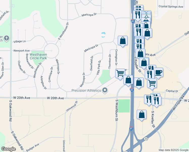 map of restaurants, bars, coffee shops, grocery stores, and more near 1655 Villa Park Drive in Oshkosh