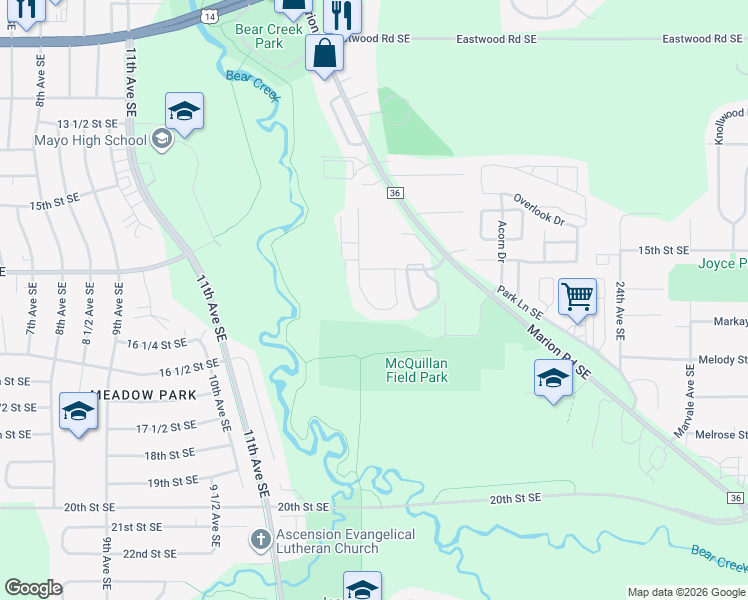 map of restaurants, bars, coffee shops, grocery stores, and more near 1731 20th Avenue Southeast in Rochester