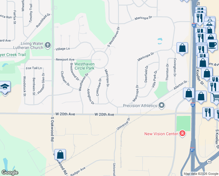 map of restaurants, bars, coffee shops, grocery stores, and more near 1757 Maricopa Drive in Oshkosh