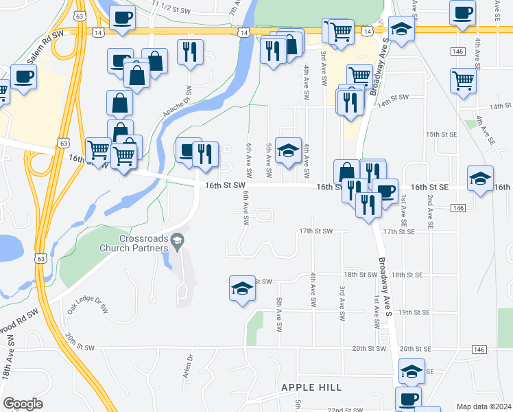 map of restaurants, bars, coffee shops, grocery stores, and more near 1605 6th Avenue Southwest in Rochester