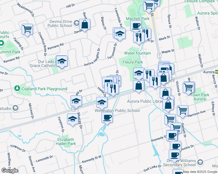map of restaurants, bars, coffee shops, grocery stores, and more near 15 Jasper Drive in Aurora