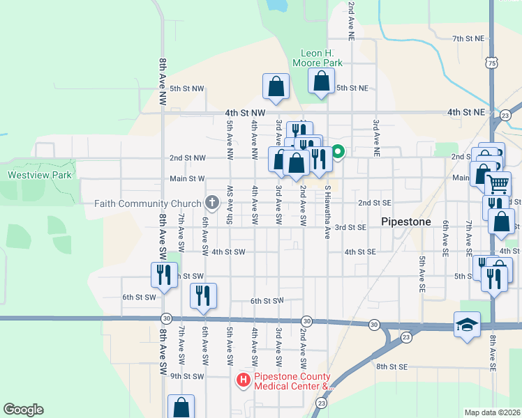 map of restaurants, bars, coffee shops, grocery stores, and more near 124 3rd Avenue Northwest in Pipestone