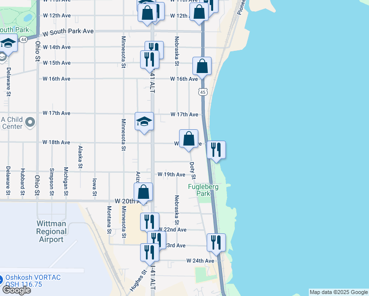 map of restaurants, bars, coffee shops, grocery stores, and more near 1752 Doty Street in Oshkosh