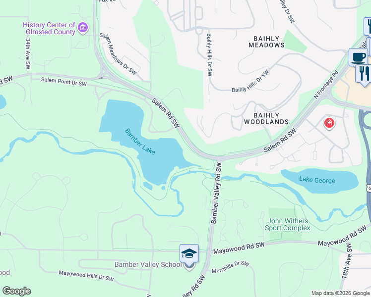map of restaurants, bars, coffee shops, grocery stores, and more near 2622 Salem Road Southwest in Rochester