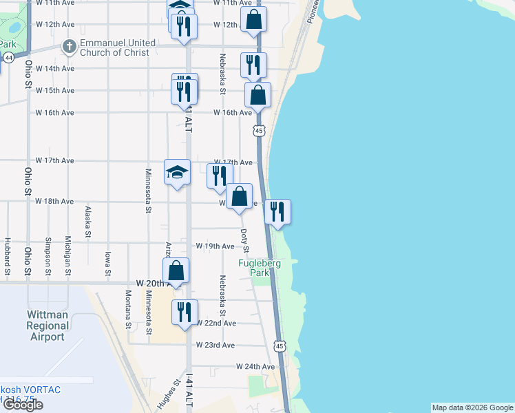 map of restaurants, bars, coffee shops, grocery stores, and more near 9 West 18th Avenue in Oshkosh