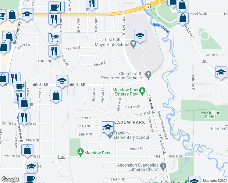 map of restaurants, bars, coffee shops, grocery stores, and more near 1608 8 1/2 Avenue Southeast in Rochester