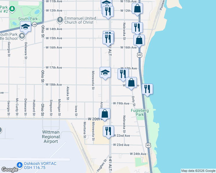 map of restaurants, bars, coffee shops, grocery stores, and more near 1803 Oregon Street in Oshkosh