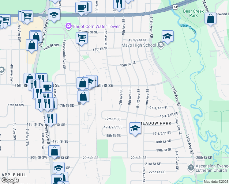 map of restaurants, bars, coffee shops, grocery stores, and more near 1653 Meadow Circle Southeast in Rochester