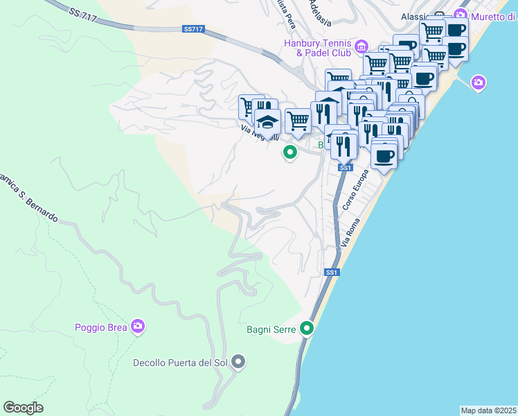 map of restaurants, bars, coffee shops, grocery stores, and more near 40 Via Luigi Borri in Alassio