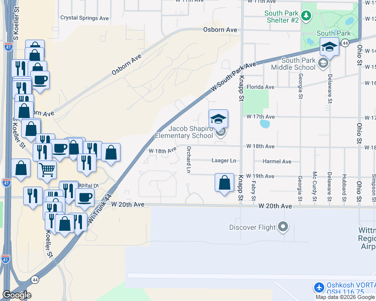 map of restaurants, bars, coffee shops, grocery stores, and more near 1805 Orchard Lane in Oshkosh