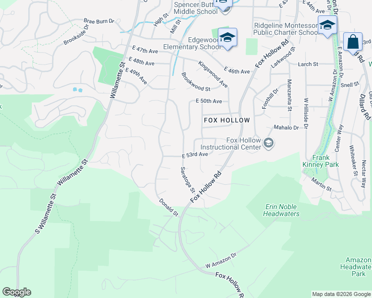 map of restaurants, bars, coffee shops, grocery stores, and more near 5285 Saratoga Street in Eugene
