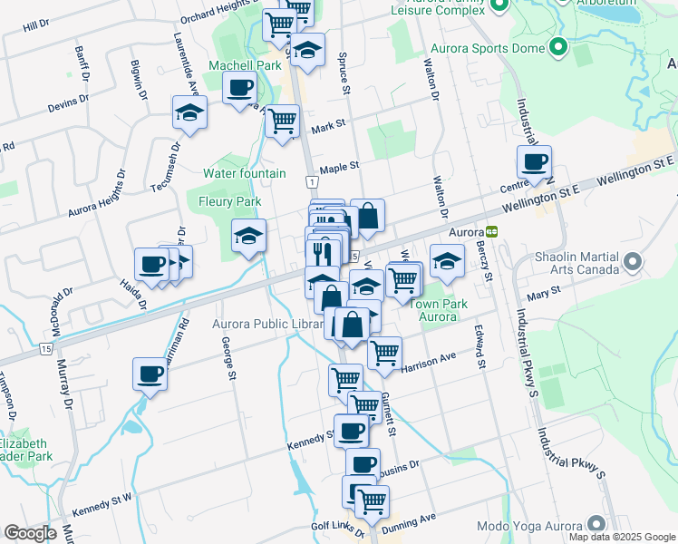 map of restaurants, bars, coffee shops, grocery stores, and more near 15255 Yonge Street in Aurora