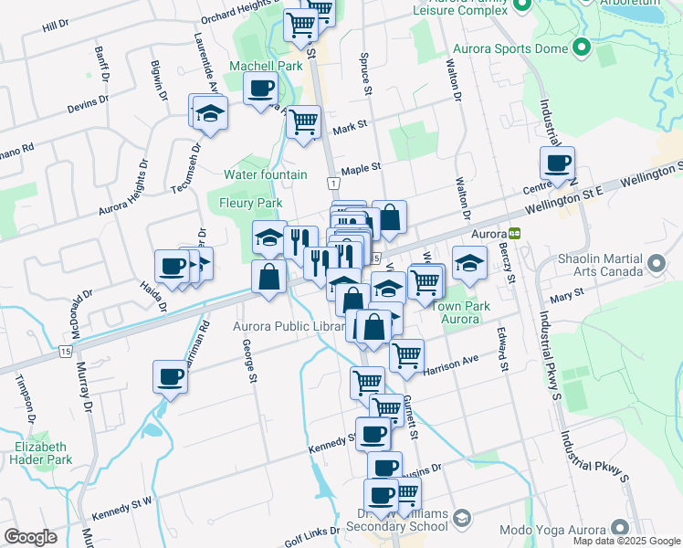map of restaurants, bars, coffee shops, grocery stores, and more near in Aurora