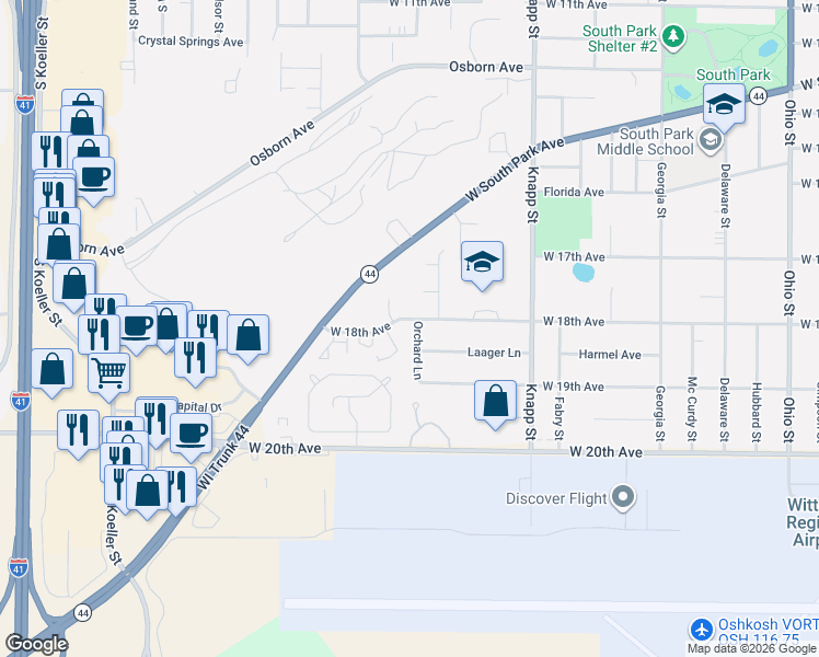 map of restaurants, bars, coffee shops, grocery stores, and more near 1805 Orchard Lane in Oshkosh