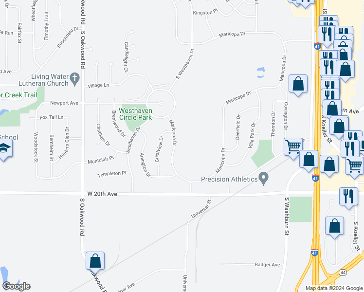 map of restaurants, bars, coffee shops, grocery stores, and more near 1757 Maricopa Drive in Oshkosh