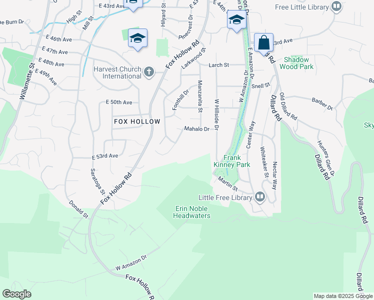 map of restaurants, bars, coffee shops, grocery stores, and more near 5055 Mahalo Drive in Eugene