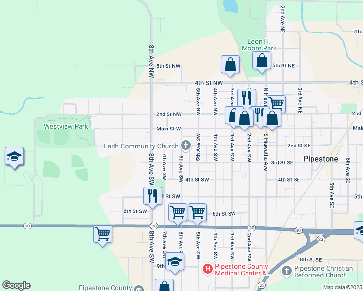 map of restaurants, bars, coffee shops, grocery stores, and more near 2nd Street Southwest in Pipestone