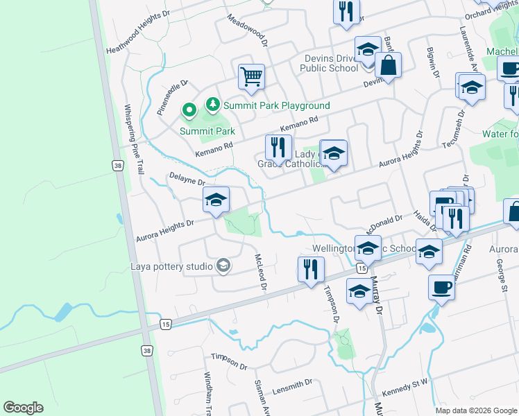 map of restaurants, bars, coffee shops, grocery stores, and more near 203 Aurora Heights Drive in Aurora