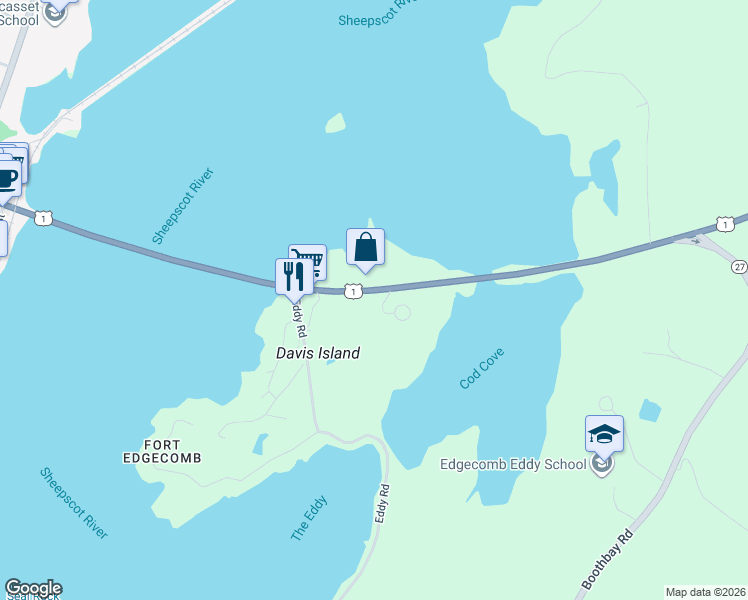 map of restaurants, bars, coffee shops, grocery stores, and more near 6 Sheepscot Circle in Edgecomb