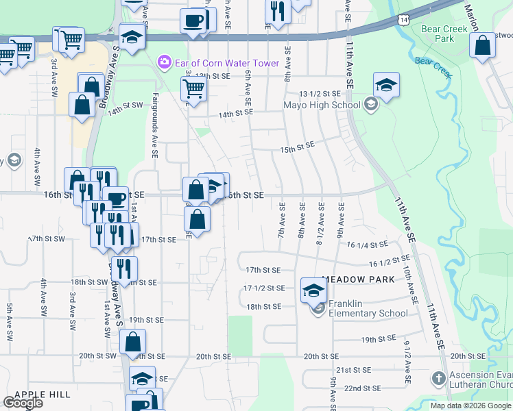 map of restaurants, bars, coffee shops, grocery stores, and more near 1653 Meadow Circle Southeast in Rochester