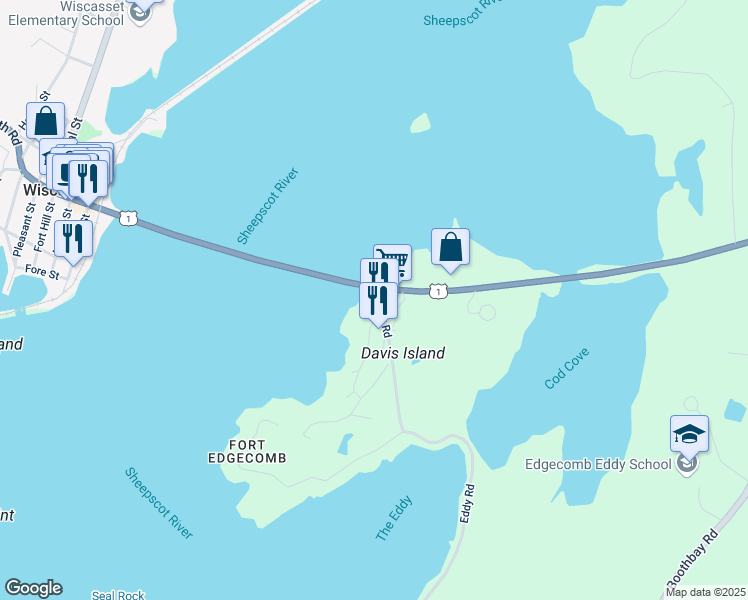map of restaurants, bars, coffee shops, grocery stores, and more near 318 Eddy Road in Edgecomb
