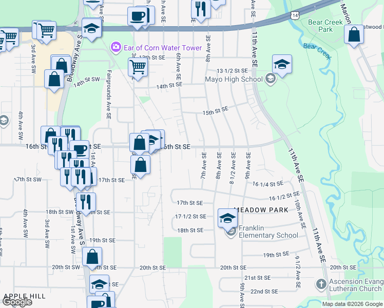 map of restaurants, bars, coffee shops, grocery stores, and more near 1653 Meadow Circle Southeast in Rochester
