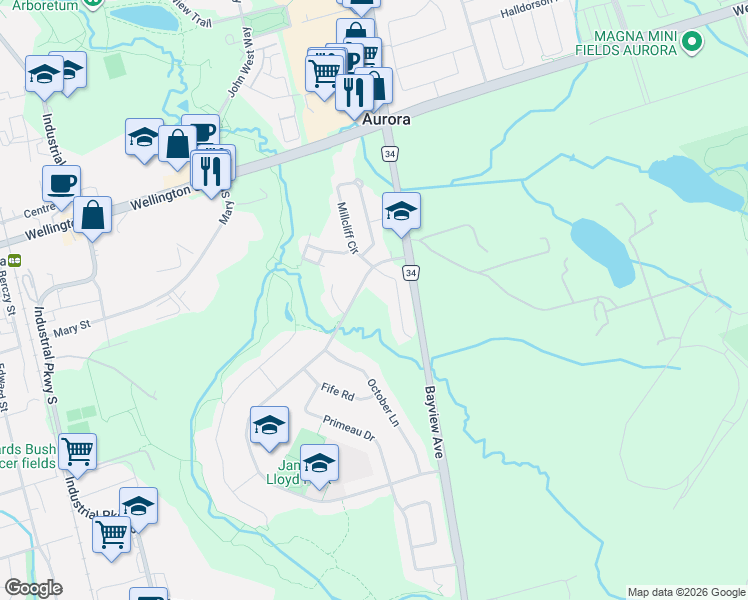 map of restaurants, bars, coffee shops, grocery stores, and more near 61 Stone Road in Aurora