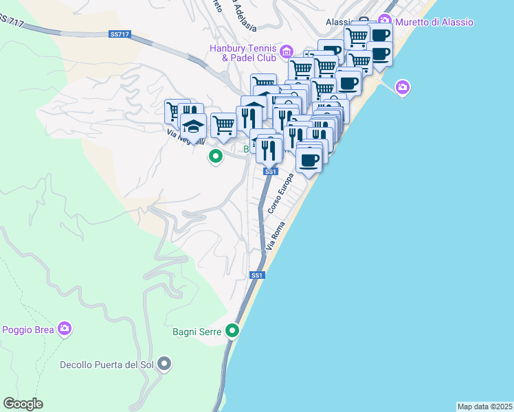 map of restaurants, bars, coffee shops, grocery stores, and more near 3 Via Privata Piani Romani in Alassio