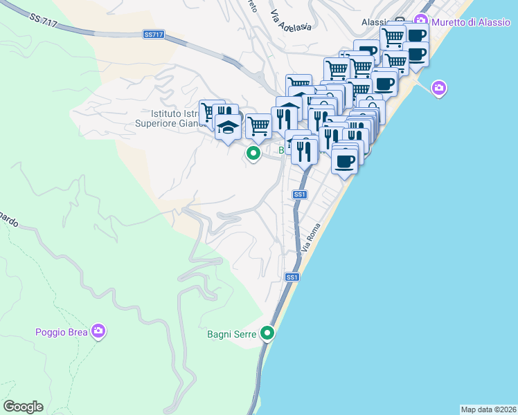 map of restaurants, bars, coffee shops, grocery stores, and more near 15 Via Ignazio dell'Oro in Alassio