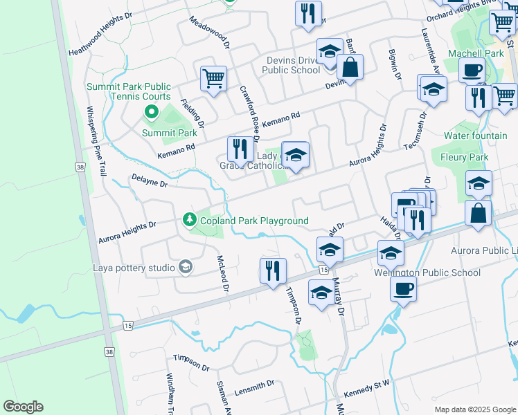map of restaurants, bars, coffee shops, grocery stores, and more near 54 Hillside Drive in Aurora