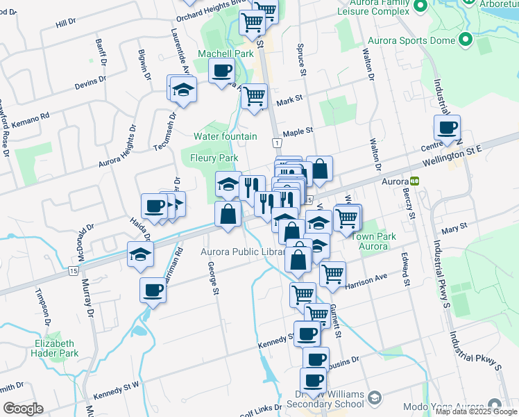 map of restaurants, bars, coffee shops, grocery stores, and more near 28 Wellington Street West in Aurora