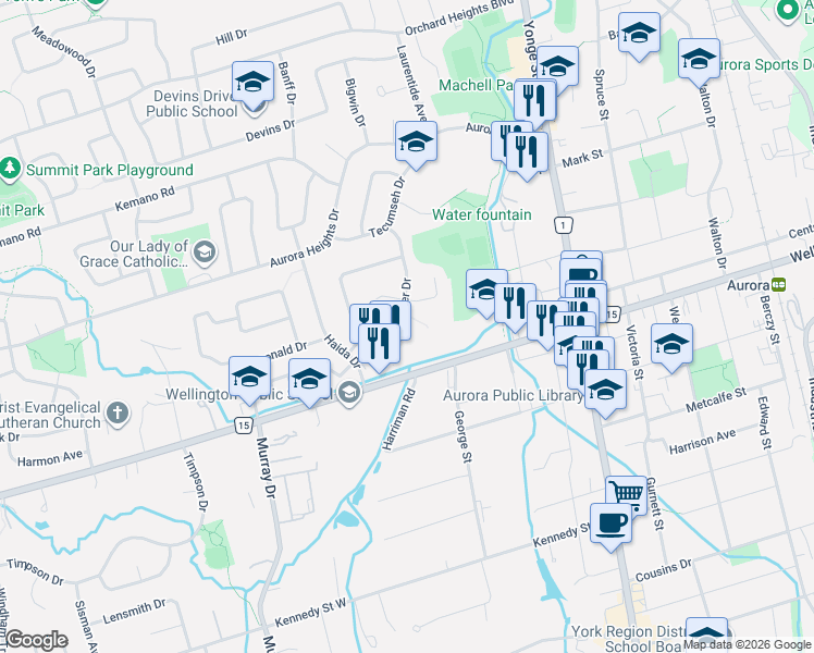 map of restaurants, bars, coffee shops, grocery stores, and more near 35 Jasper Drive in Aurora