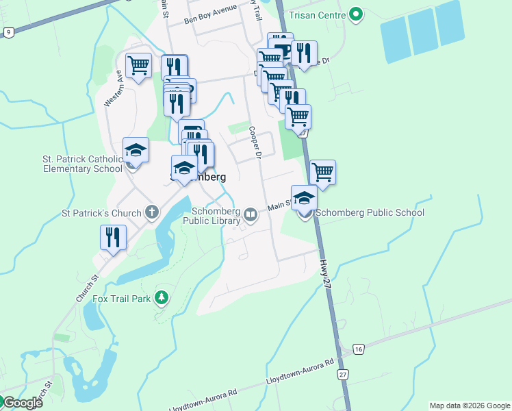 map of restaurants, bars, coffee shops, grocery stores, and more near 66 Main Street in Schomberg