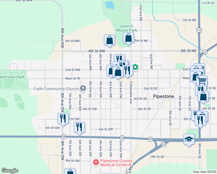 map of restaurants, bars, coffee shops, grocery stores, and more near 124 3rd Avenue Northwest in Pipestone