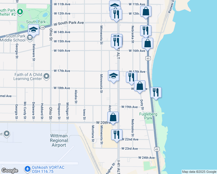 map of restaurants, bars, coffee shops, grocery stores, and more near 234 West 18th Avenue in Oshkosh