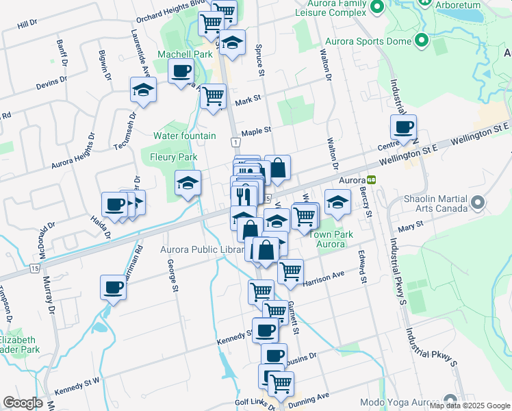 map of restaurants, bars, coffee shops, grocery stores, and more near 15255 Yonge Street in Aurora