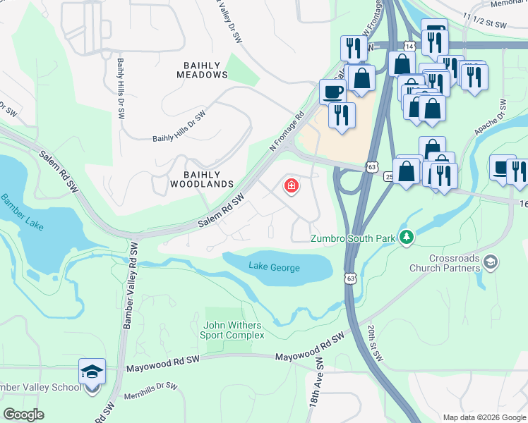 map of restaurants, bars, coffee shops, grocery stores, and more near 1921 Greenfield Lane Southwest in Rochester