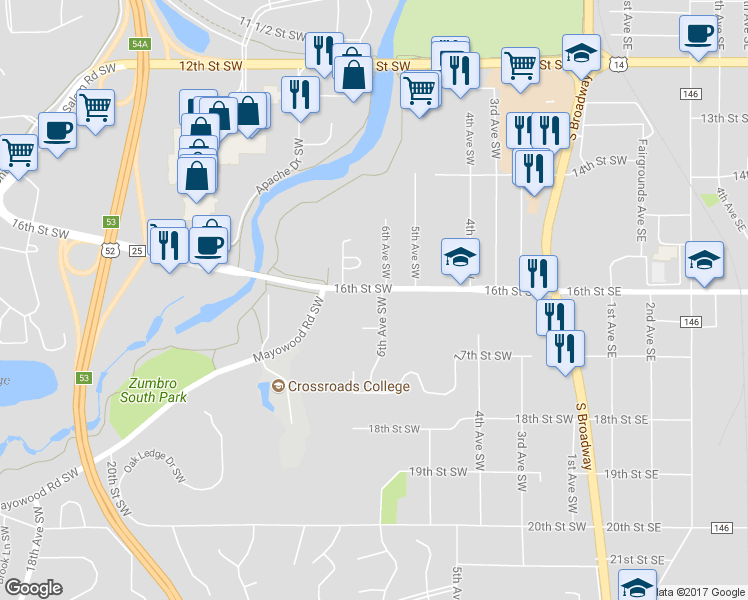 map of restaurants, bars, coffee shops, grocery stores, and more near 1605 6th Avenue Southwest in Rochester