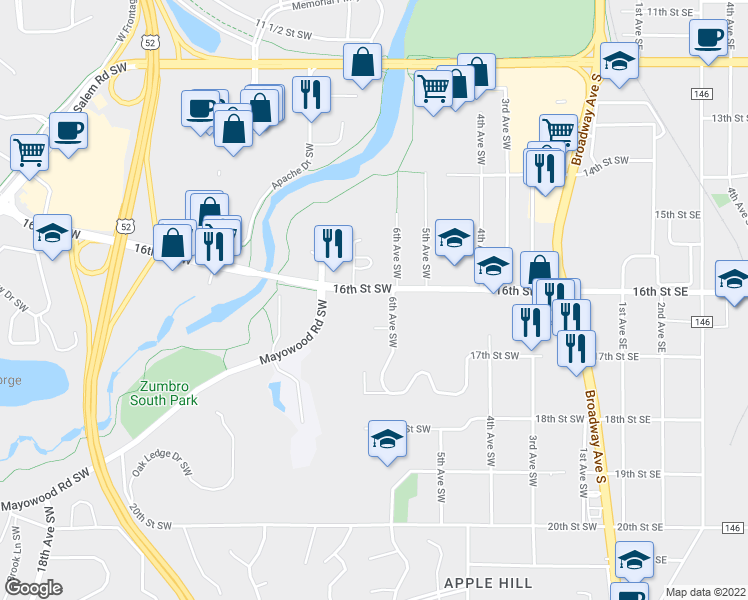 map of restaurants, bars, coffee shops, grocery stores, and more near 612 16th Street Southwest in Rochester