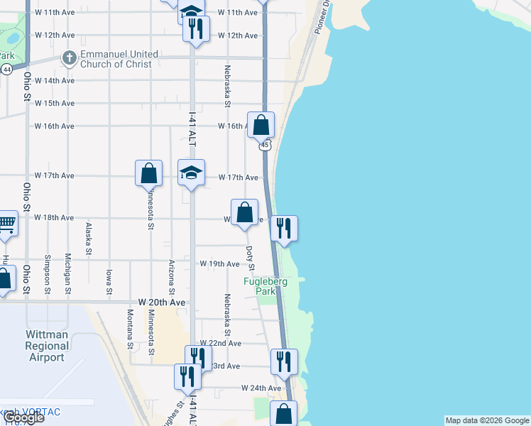 map of restaurants, bars, coffee shops, grocery stores, and more near 9 West 18th Avenue in Oshkosh