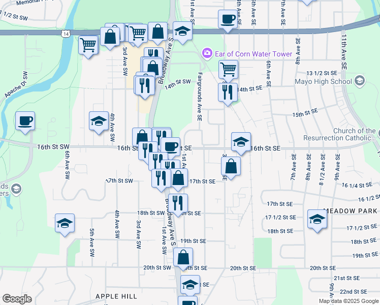map of restaurants, bars, coffee shops, grocery stores, and more near 1620 1st Avenue Southeast in Rochester