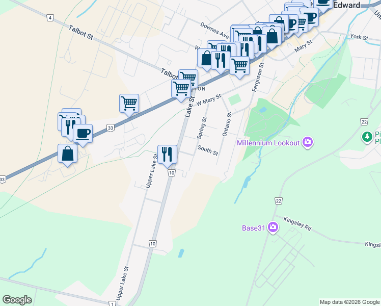 map of restaurants, bars, coffee shops, grocery stores, and more near 7 Albert Street in Prince Edward