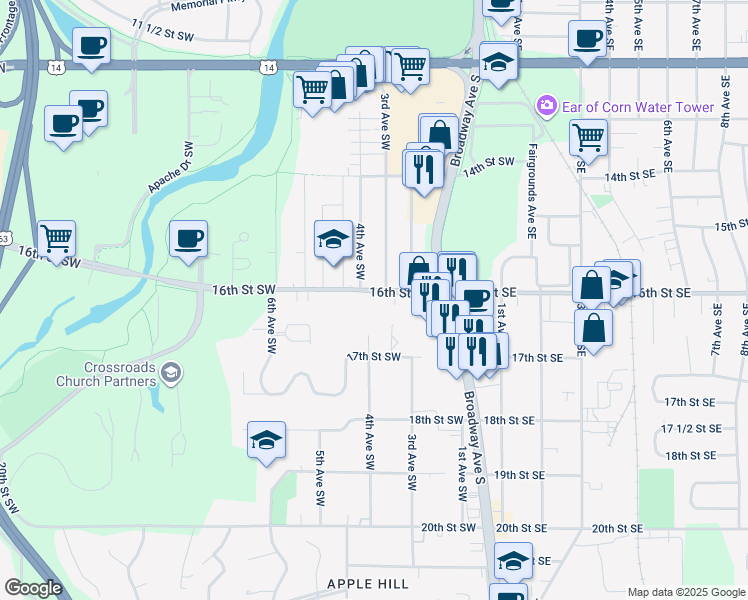 map of restaurants, bars, coffee shops, grocery stores, and more near 334 16th Street Southwest in Rochester