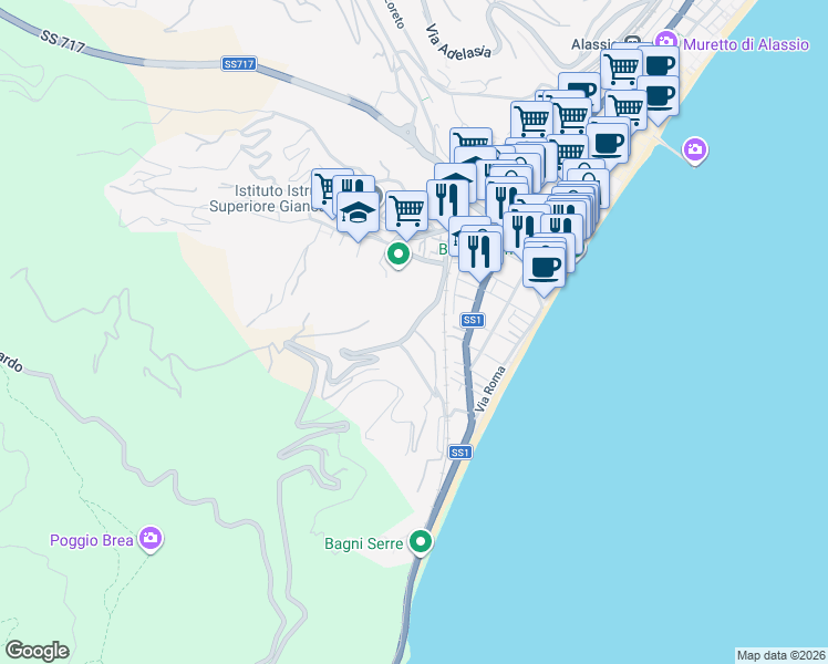 map of restaurants, bars, coffee shops, grocery stores, and more near 15 Via Ignazio dell'Oro in Alassio