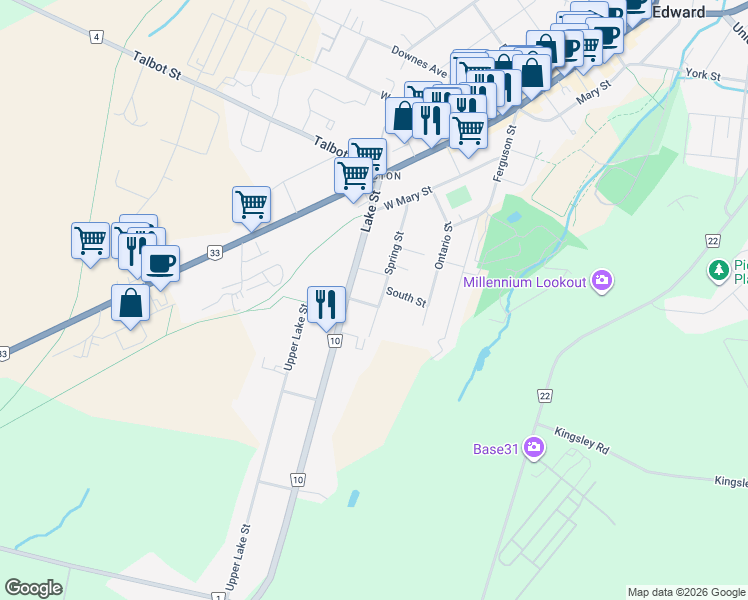 map of restaurants, bars, coffee shops, grocery stores, and more near 7 Albert Street in Prince Edward