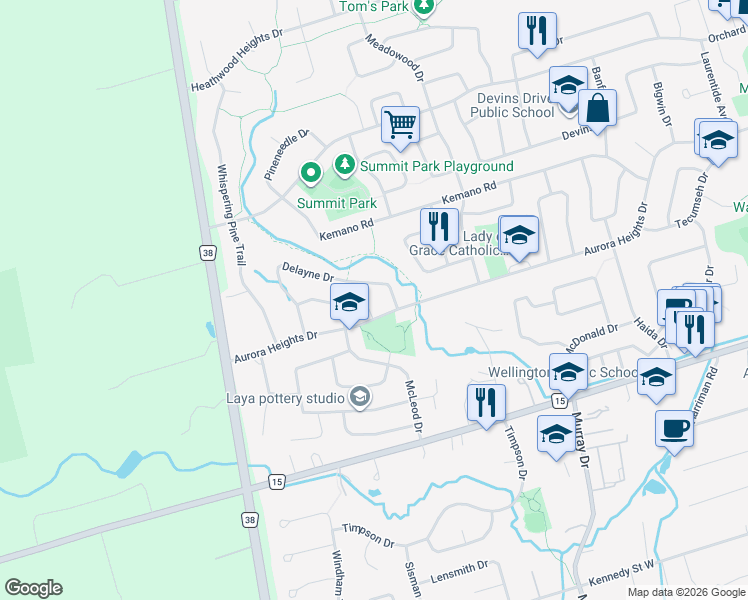 map of restaurants, bars, coffee shops, grocery stores, and more near 10 Laurwood Court in Aurora