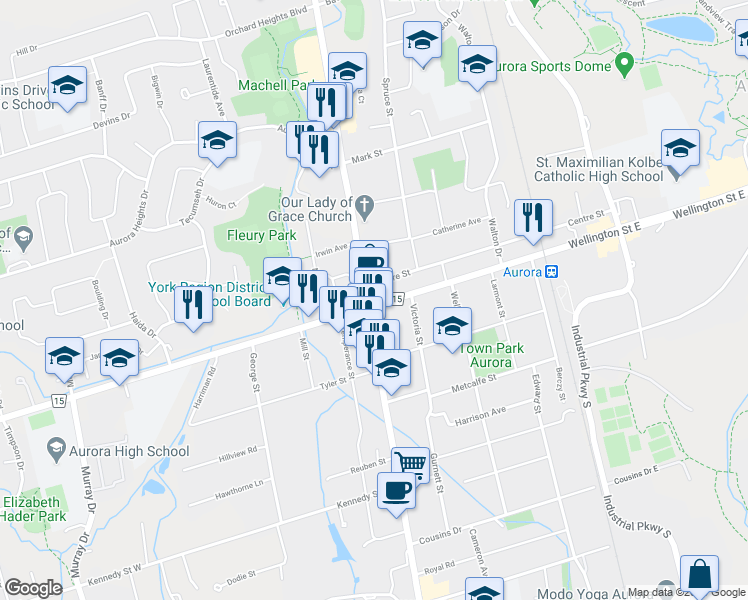 map of restaurants, bars, coffee shops, grocery stores, and more near 15255 Yonge Street in Aurora